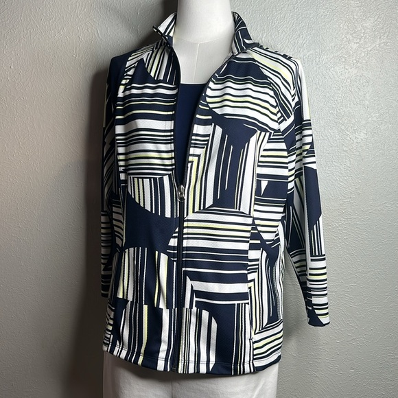 WEEKENDS By Chico’s Navy Linear Dot Striped Knit Wrinkle Free Zip Front Jacket M - Picture 5 of 17